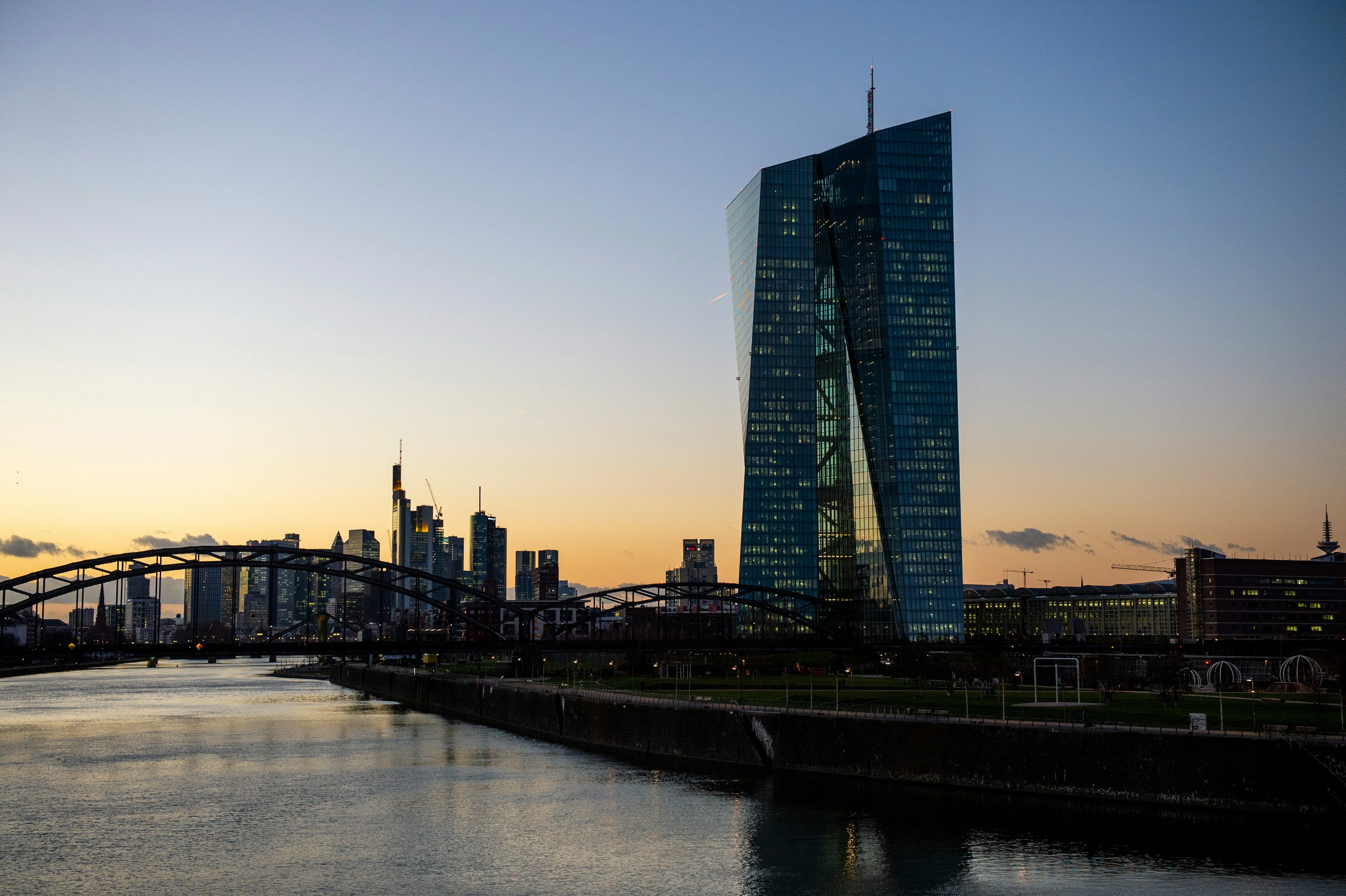 ECB bank building wide shot by the river
